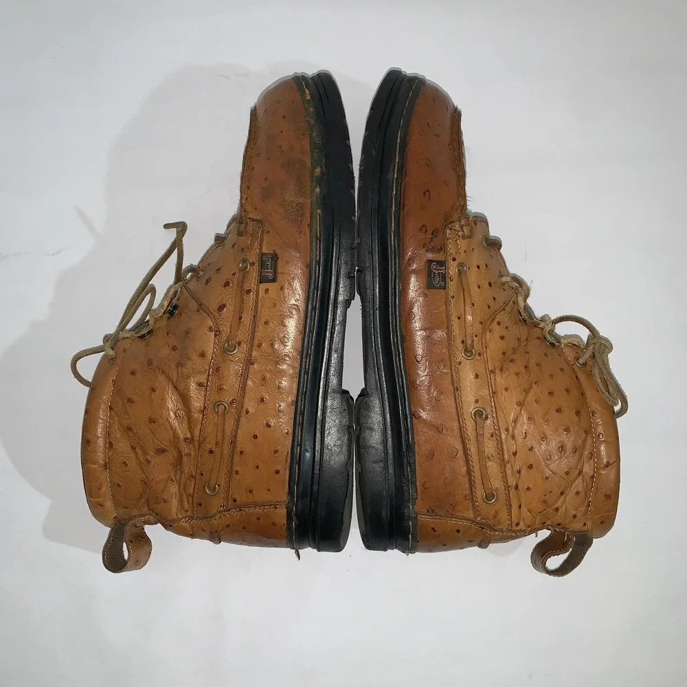 Justin Vintage Ankle Boots Mens 13M Brown Leather Ostrich Print Moc Toe Work 910